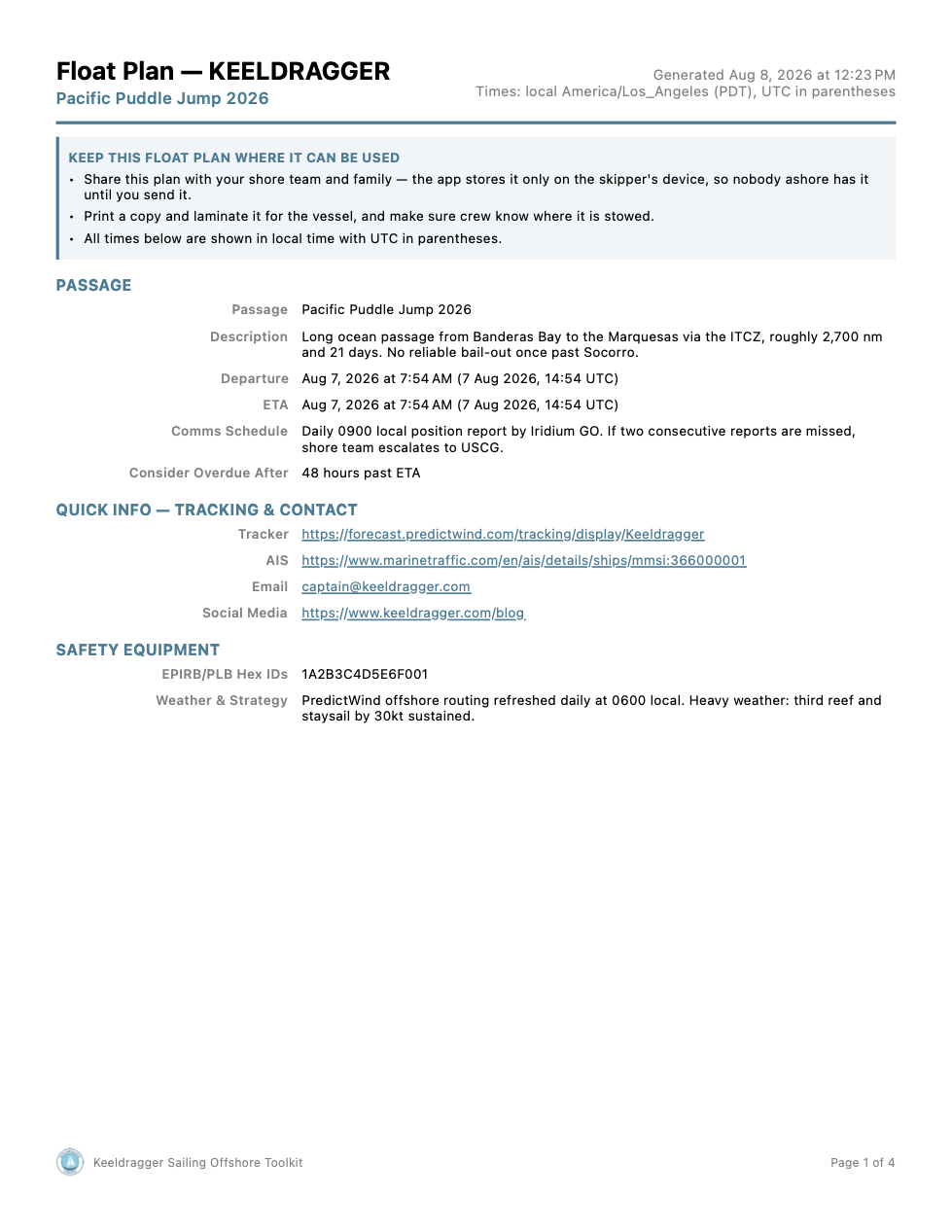 Float plan first page with passage description, comms schedule, and tracking links